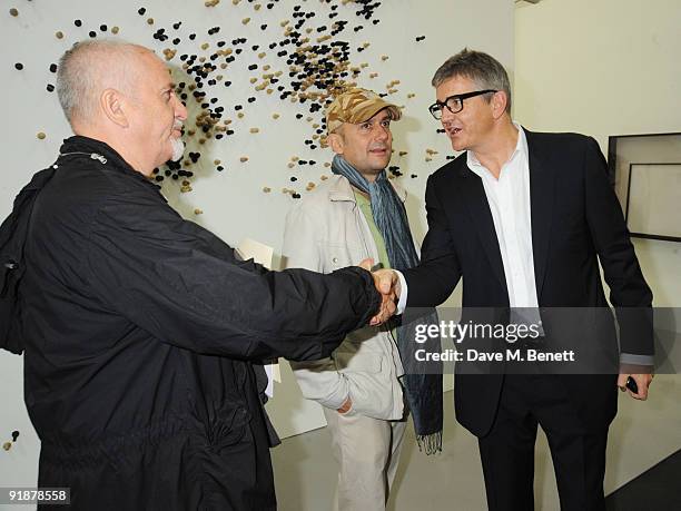 Peter Grabriel, Marc Quinn and Jay Jopling attend the private view of the Frieze Art Fair, at Regent's Park on October 14, 2009 in London, England.