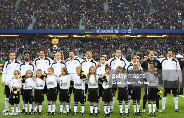 The team of Germany line up prior to the FIFA 2010 World Cup Group 4 Qualifier match between Germany and Finland at the HSH Nordbank Arena on October...