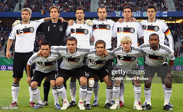 The team of Germany line up prior to the FIFA 2010 World Cup Group 4 Qualifier match between Germany and Finland at the HSH Nordbank Arena on October...