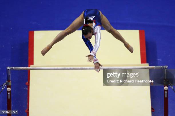 Beth Tweddle of Great Britain competes in the uneven bars during the second day of the Artistic Gymnastics World Championships 2009 at O2 Arena on...