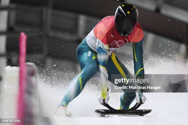 John Farrow of Australia slides into the finish area during the Men's Skeleton heats at Olympic Sliding Centre on February 16, 2018 in...