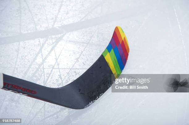 Stick is covered with Pride Tape in honor of Hockey Is For Everyone night, prior to the game between the Chicago Blackhawks and the Anaheim Ducks, at...