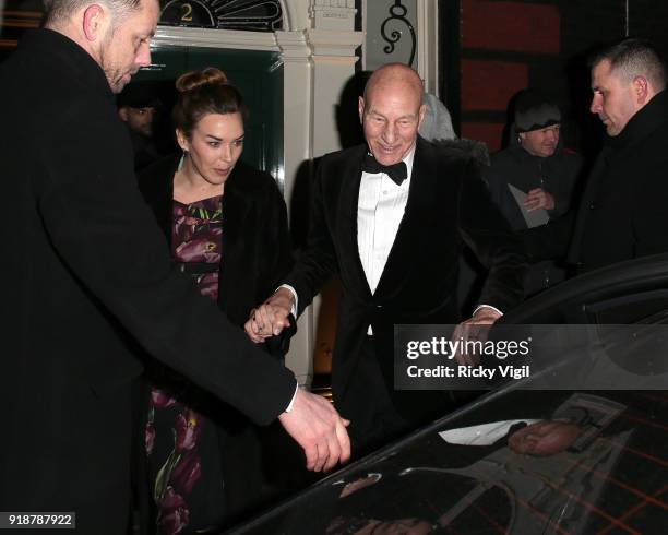 Sunny Ozell and Sir Patrick Stewart attend the Dunhill & GQ pre-BAFTA filmmakers dinner and party co-hosted by Andrew Maag & Dylan Jones at Bourdon...