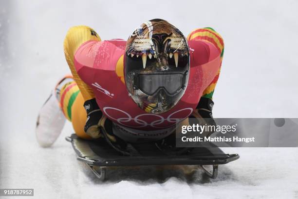 Akwasi Frimpong of Ghana slides into the finish area during the Men's Skeleton heats at Olympic Sliding Centre on February 16, 2018 in...