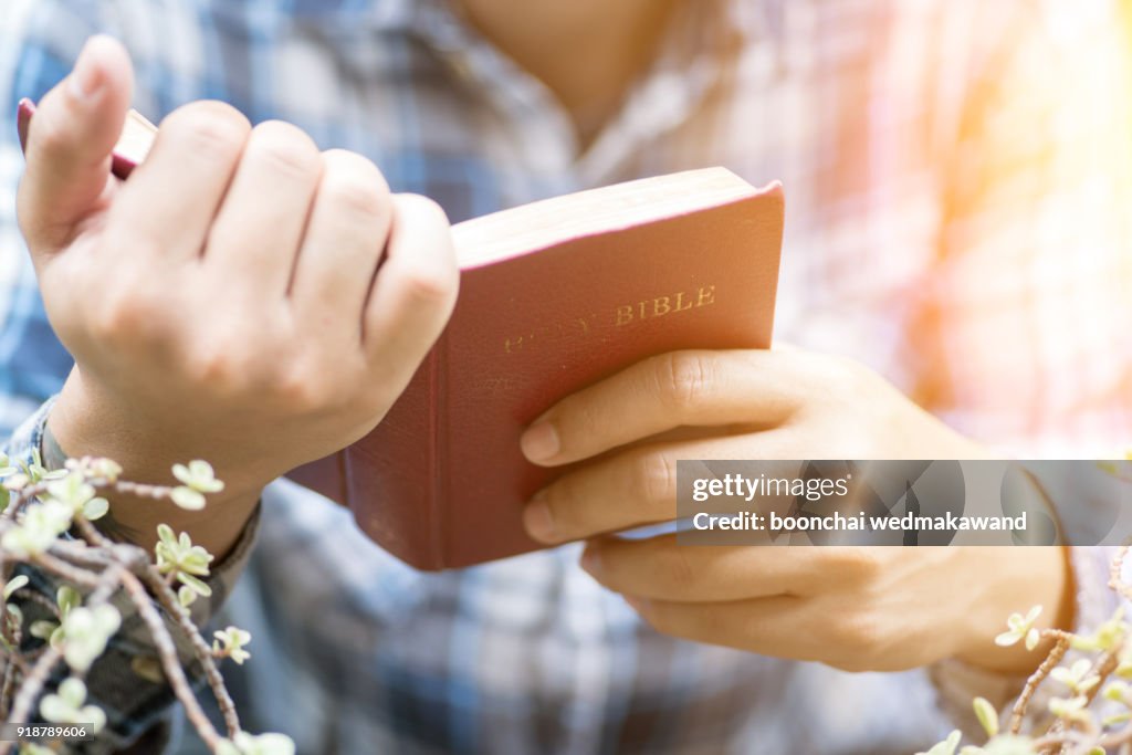 Human hand placed on the Bible, pray to God.