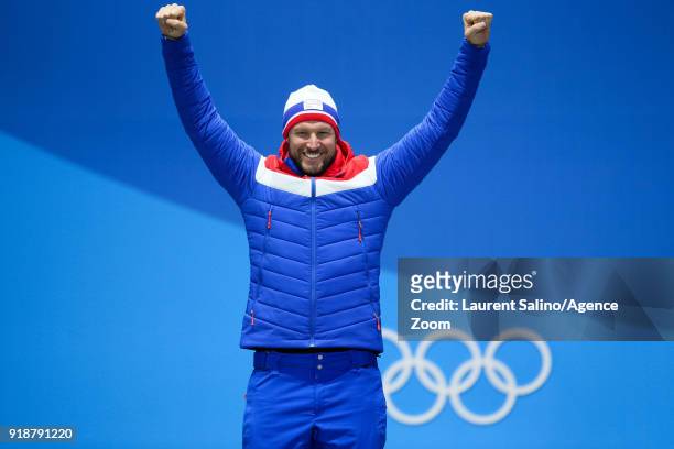 Aksel Lund Svindal of Norway wins the gold medal during the Medal Ceremony for Alpine Skiing - Men's Downhill at Medal Plaza on February 15, 2018 in...