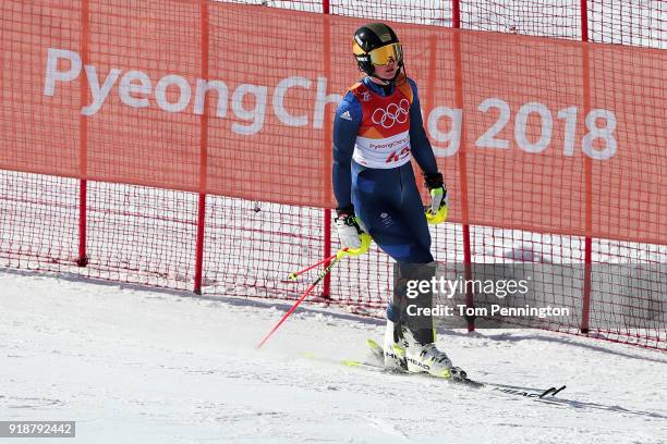 Charlie Guest of Great Britain reacts at the finish during the Ladies' Slalom Alpine Skiing at Yongpyong Alpine Centre on February 16, 2018 in...