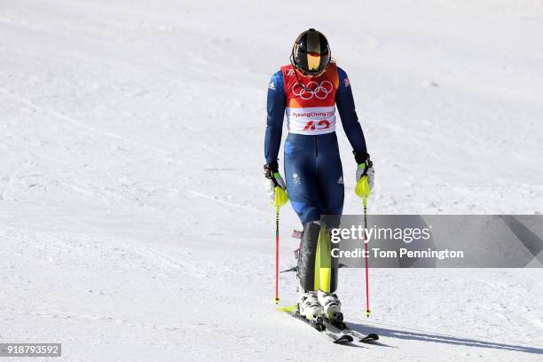 Charlie Guest of Great Britain reacts at the finish during the Ladies' Slalom Alpine Skiing at Yongpyong Alpine Centre on February 16, 2018 in...