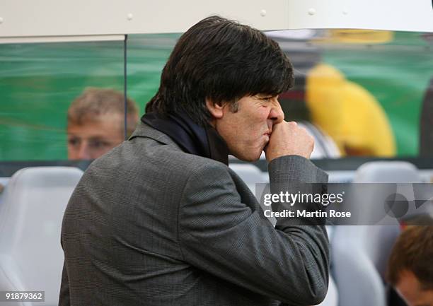 Joachim Loew, head coach of Germany reacts during the FIFA 2010 World Cup Group 4 Qualifier match between Germany and Finland at the Hamburg Arena on...