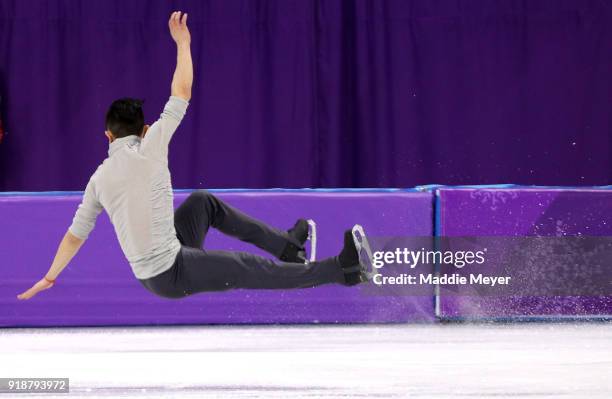 Han Yan of China falls while competing during the Men's Single Skating Short Program at Gangneung Ice Arena on February 16, 2018 in Gangneung, South...