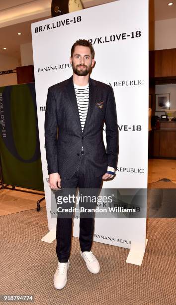 Professional basketball player Kevin Love attends a meet and greet with fans for All-Star Weekend at Banana Republic at The Grove on February 15,...
