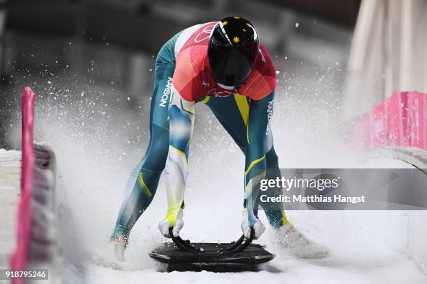 John Farrow of Australia slides into the finish area during the Men's Skeleton heats at Olympic Sliding Centre on February 16, 2018 in...