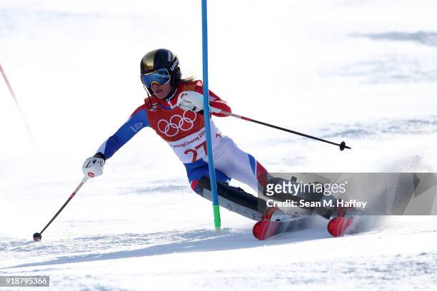 Adeline Baud Mugnier of France competes during the Ladies' Slalom Alpine Skiing at Yongpyong Alpine Centre on February 16, 2018 in Pyeongchang-gun,...