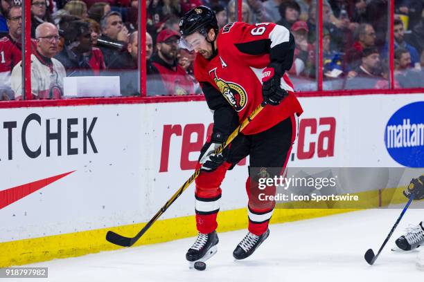 Ottawa Senators Right Wing Mark Stone kicks the puck up to his stick during second period National Hockey League action between the Buffalo Sabres...