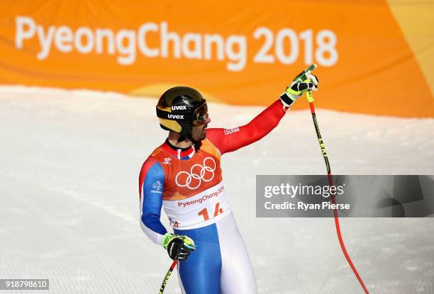 Adrien Theaux of France reacts at the finish during the Men's Super-G on day seven of the PyeongChang 2018 Winter Olympic Games at Jeongseon Alpine...