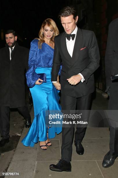 Lily James and Matt Smith attending the Dunhill and Dylan Jones Pre-BAFTA Filmmakers Dinner on February 15, 2018 in London, England.