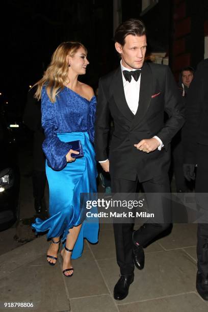 Lily James and Matt Smith attending the Dunhill and Dylan Jones Pre-BAFTA Filmmakers Dinner on February 15, 2018 in London, England.