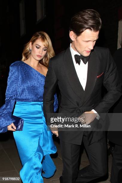 Lily James and Matt Smith attending the Dunhill and Dylan Jones Pre-BAFTA Filmmakers Dinner on February 15, 2018 in London, England.