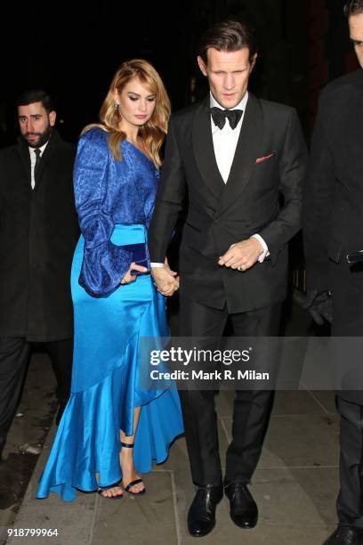 Lily James and Matt Smith attending the Dunhill and Dylan Jones Pre-BAFTA Filmmakers Dinner on February 15, 2018 in London, England.