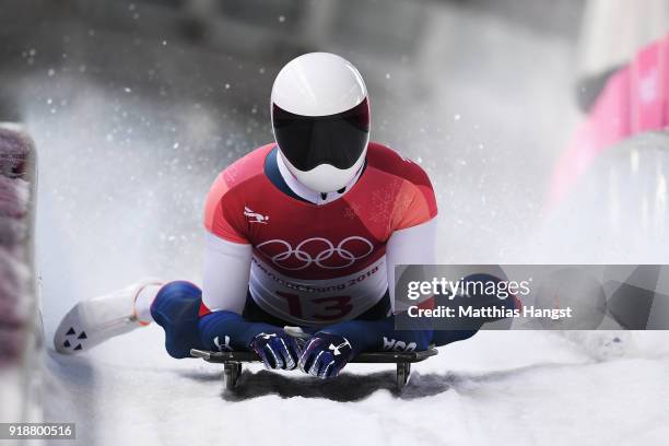 Matt Antoine of the United States slides into the finish area during the Men's Skeleton heats at Olympic Sliding Centre on February 16, 2018 in...