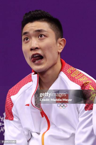 Han Yan of China reacts after competing during the Men's Single Skating Short Program at Gangneung Ice Arena on February 16, 2018 in Gangneung, South...