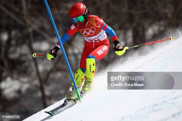 Ryon-Hyang Kim of North Korea competes during the Ladies' Slalom Alpine Skiing at Yongpyong Alpine Centre on February 16, 2018 in Pyeongchang-gun,...