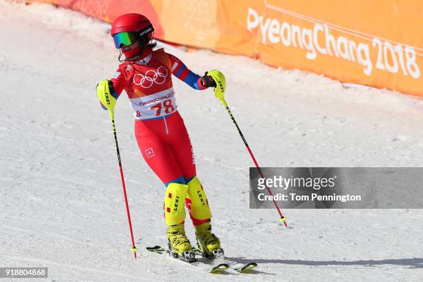 Ryon-Hyang Kim of North Korea reacts after competing during the Ladies' Slalom Alpine Skiing at Yongpyong Alpine Centre on February 16, 2018 in...