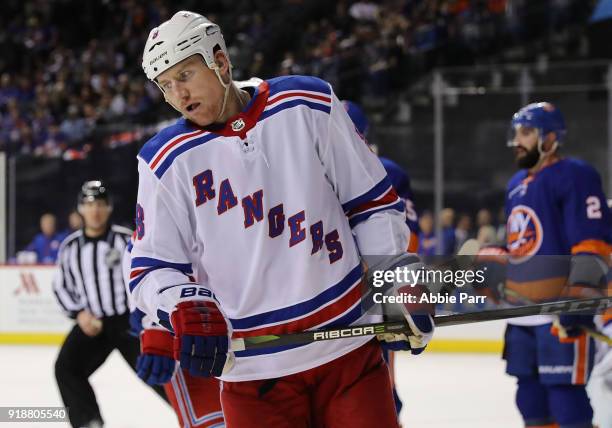 Cody McLeod of the New York Rangers reacts in the third period against the New York Islanders during their game at Barclays Center on February 15,...