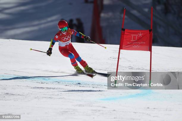 Ryon-Hyang Kim from the Democratic People's Republic of Korea in action on the first run during the Alpine Skiing - Ladies' Giant Slalom competition...