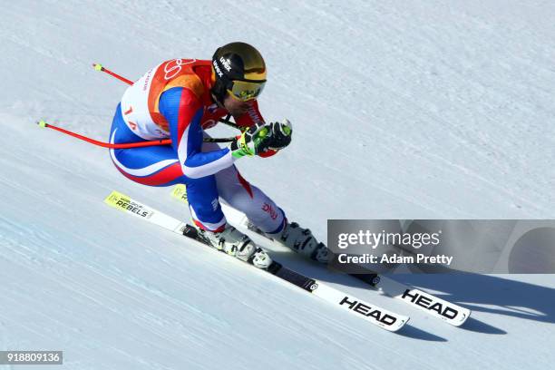 Adrien Theaux of France competes during the Men's Super-G on day seven of the PyeongChang 2018 Winter Olympic Games at Jeongseon Alpine Centre on...