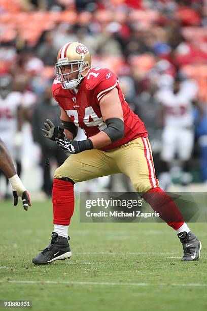 Joe Staley of the San Francisco 49ers blocks during the NFL game against the Atlanta Falcons at Candlestick Park on October 11, 2009 in San...