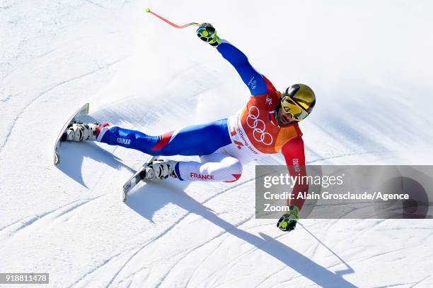 Adrien Theaux of France competes during the Alpine Skiing Men's Super-G at Jeongseon Alpine Centre on February 16, 2018 in Pyeongchang-gun, South...