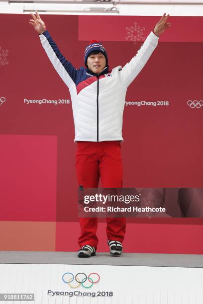 Sungbin Yun of Korea celebrates winning the Men's Skeleton at Olympic Sliding Centre on February 16, 2018 in Pyeongchang-gun, South Korea.