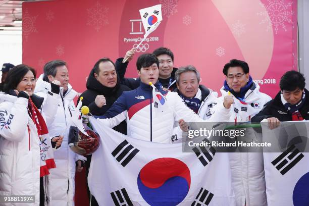 Sungbin Yun of Korea celebrates winning the Men's Skeleton at Olympic Sliding Centre on February 16, 2018 in Pyeongchang-gun, South Korea.