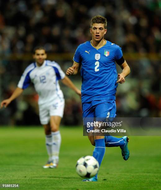 Davide Santon of Italy in action during the FIFA 2010 World Cup Group 8 Qualifying match between Italy and Cyprus at Ennio Tardini Stadium on October...
