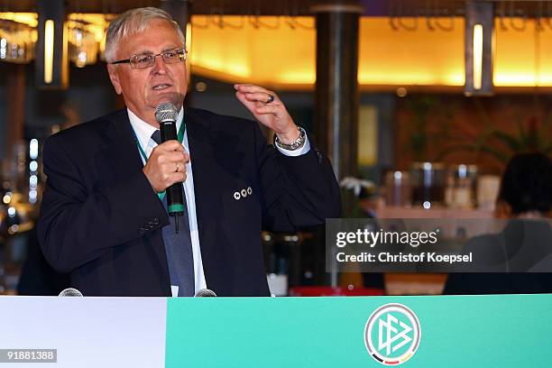 Theo Zwanziger, president of the German Football Association, speaks during the honourations of the DFB Award Club 100 at the restaurant Raute at the...