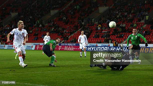 Goalkeeper Petr Cech of Czech Republic saves a shoot by Nial McGinn of Northern Ireland during the FIFA 2010 World Cup Group 3 Qualifier match...