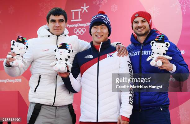 Silver medalist Nikita Tregubov of Olympic Athlete from Russia, gold medalist Sungbin Yun of Korea and bronze medalist Dom Parsons of Great Britain...