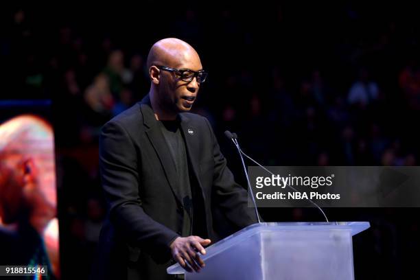 Sam Cassell honors Flip Saunders during the game between the Minnesota Timberwolves and the Los Angeles Lakers on February 15, 2018 at Target Center...