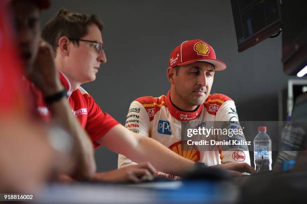 Fabian Coulthard driver of the Shell V-Power Racing Team Ford Falcon FGX looks on during the 2018 Supercars Testing Day at Sydney Motorsport Park on...