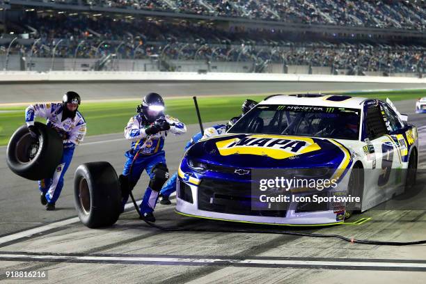 Chase Elliott, Hendrick Motorsports, NAPA Auto Parts Chevrolet Camaro pits his car during the Can-Am Duels Monster Energy NASCAR Cup Series race on...