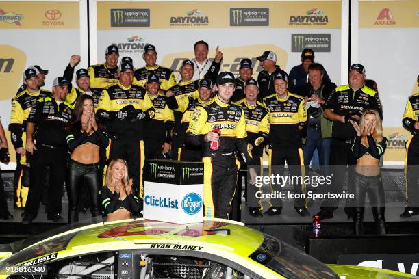 Ryan Blaney, Team Penske, Menards/Peak Ford Fusion celebrates winning the Can-Am Duels Monster Energy NASCAR Cup Series race on February 15 at the...