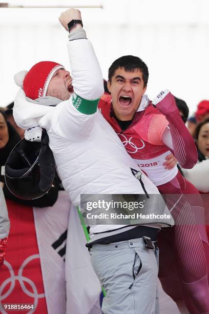 Nikita Tregubov of Olympic Athlete from Russia reacts in the finish area during the Men's Skeleton at Olympic Sliding Centre on February 16, 2018 in...