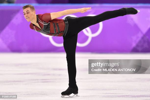 S Adam Rippon competes in the men's single skating short program of the figure skating event during the Pyeongchang 2018 Winter Olympic Games at the...