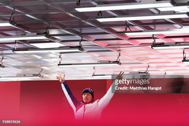 Sungbin Yun of Korea celebrates winning the Men's Skeleton at Olympic Sliding Centre on February 16, 2018 in Pyeongchang-gun, South Korea.