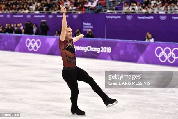 S Adam Rippon competes in the men's single skating short program of the figure skating event during the Pyeongchang 2018 Winter Olympic Games at the...