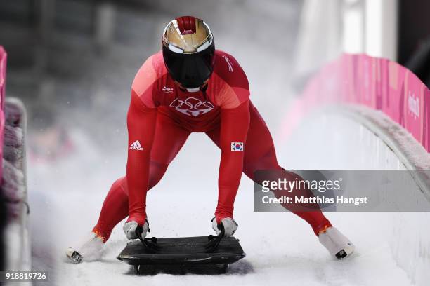 Sungbin Yun of Korea slides into the finish area as he wins the Men's Skeleton at Olympic Sliding Centre on February 16, 2018 in Pyeongchang-gun,...