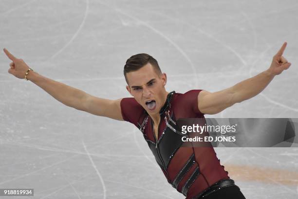 S Adam Rippon competes in the men's single skating short program of the figure skating event during the Pyeongchang 2018 Winter Olympic Games at the...