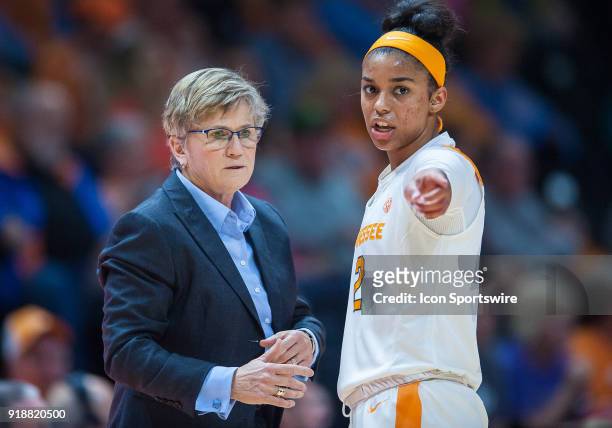 Tennessee Lady Volunteers head coach Holly Warlick talks to guard Evina Westbrook during a game between the Tennessee Lady Volunteers and Alabama...