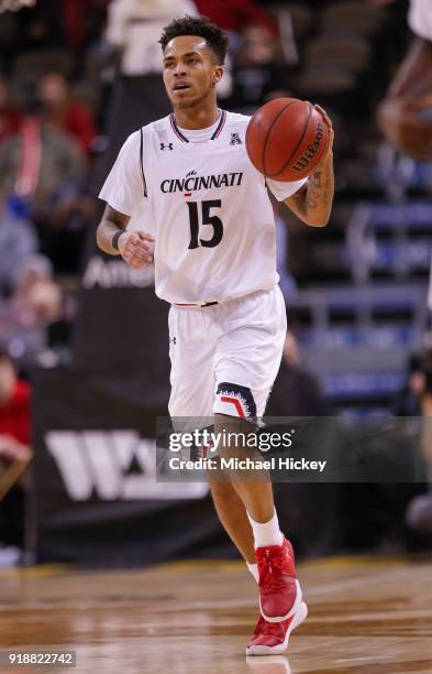 Cane Broome of the Cincinnati Bearcats brings the ball up court during the game against the UCF Knights at BB&T Arena on February 6, 2018 in Highland...